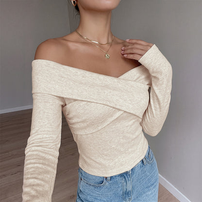 Off Shoulder Wrap Top Long Sleeve Fitted Knit