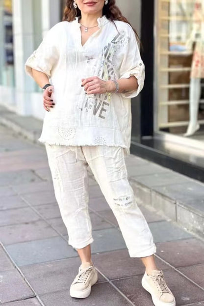 Women's Oversized Linen Graphic Half Sleeve Pants Set