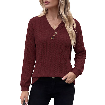 Women's V Neck Button Long Sleeve Textured Casual Blouse