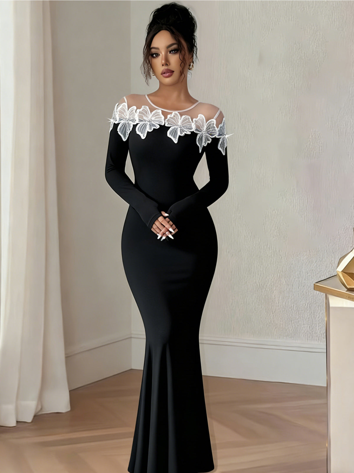 Black Butterfly Mesh Long Sleeve Mermaid Maxi Dress