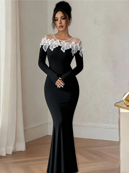 Black Butterfly Mesh Long Sleeve Mermaid Maxi Dress