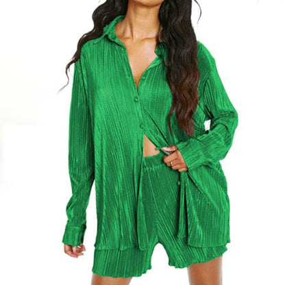 Pleated Long Sleeve Shirt & Shorts Two Piece Set