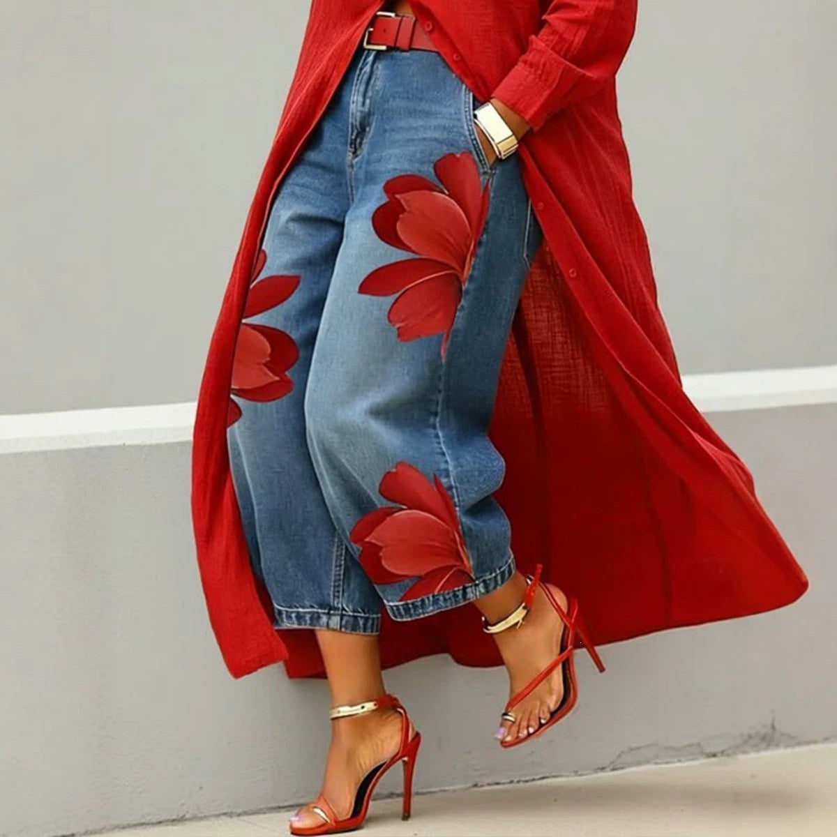 Women's Floral Denim Wide Leg Pants