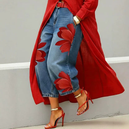 Women's Floral Denim Wide Leg Pants