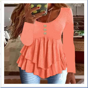Women's Long Sleeve U-Neck Button Tiered Tunic Top