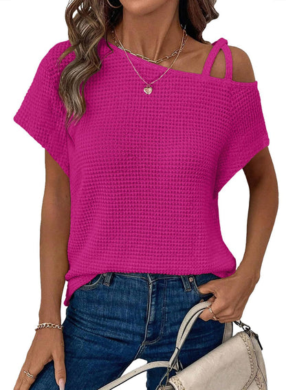 Women's Off-Shoulder Knit Top – Casual Summer Short Sleeve Blouse