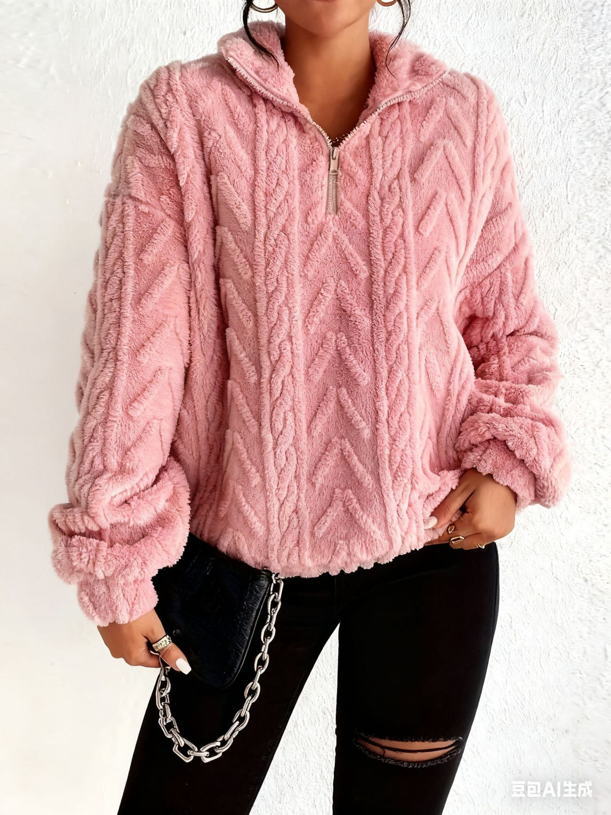 Womens Textured Sherpa Fleece Half Zip Pullover Top