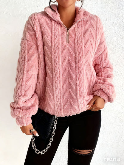 Womens Textured Sherpa Fleece Half Zip Pullover Top