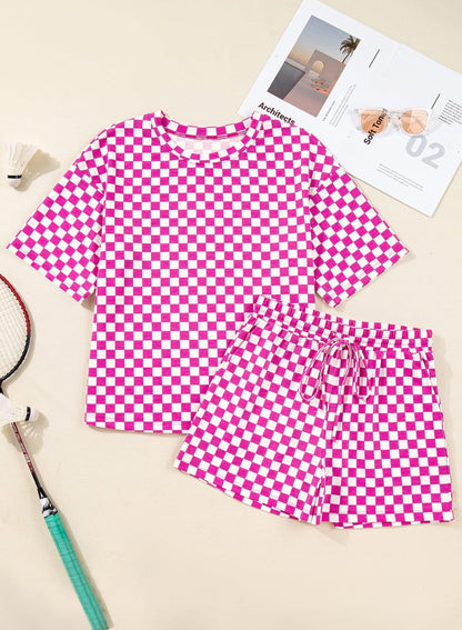 Rose Red Checkerboard Tee and Drawstring Shorts Set