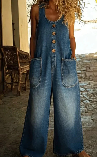 Women's Vintage Wash Denim Overalls Sleeveless Wide Leg