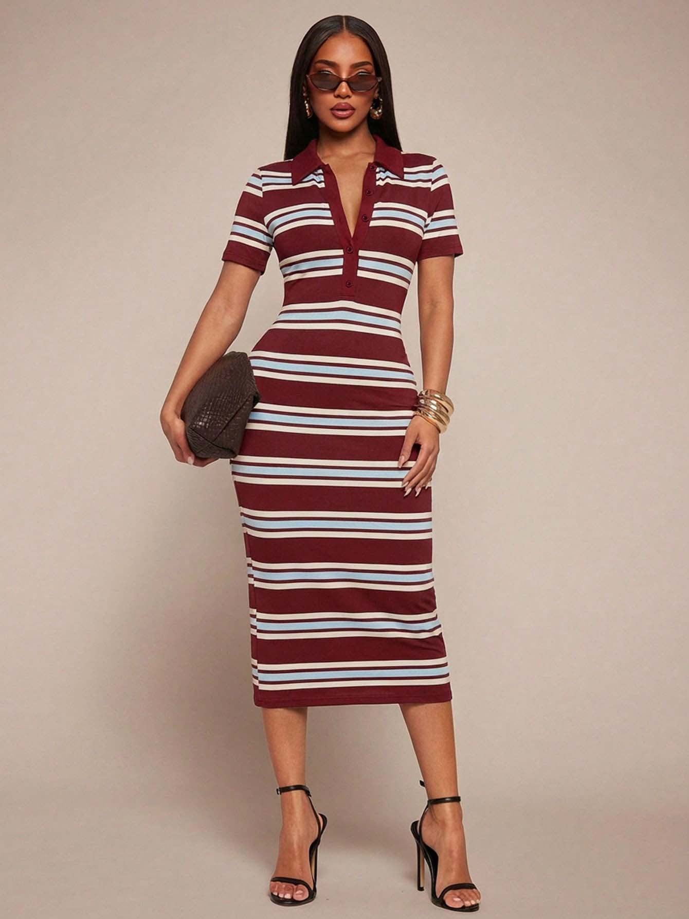 Polo Collar Stripe Bodycon Midi Dress Short Sleeve Casual