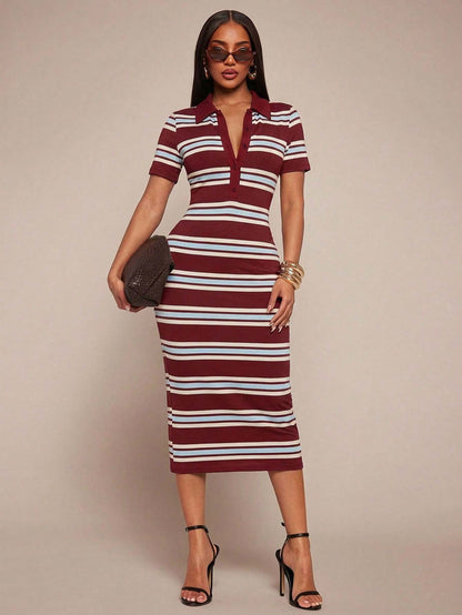 Polo Collar Stripe Bodycon Midi Dress Short Sleeve Casual