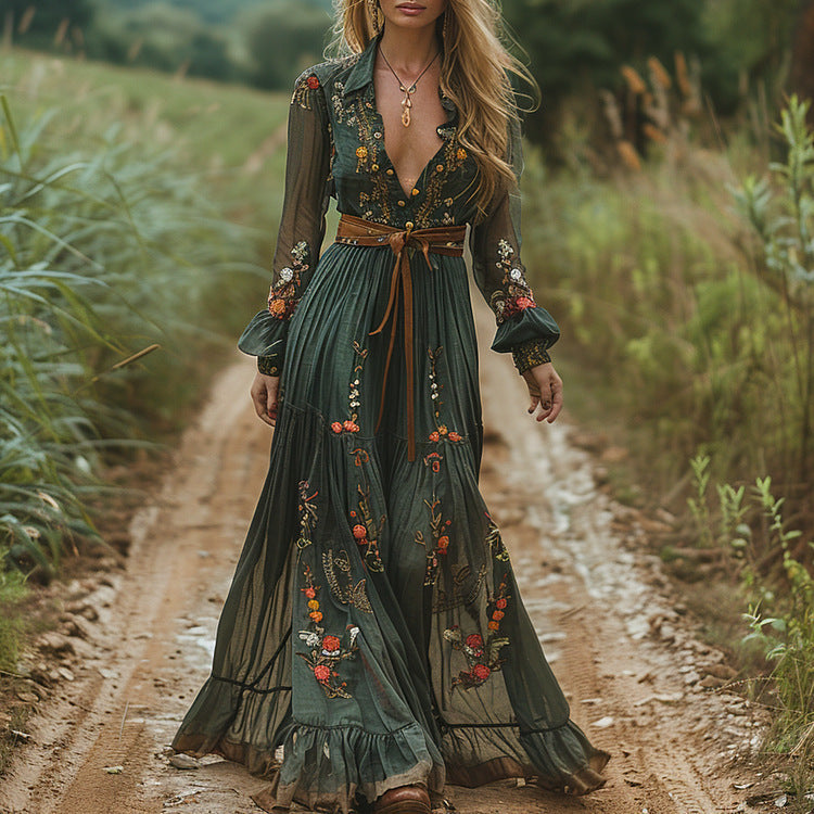 Boho Floral Maxi Dress Long Sleeve Mesh Flowy