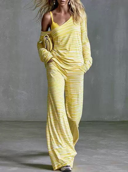 Women's Striped Off Shoulder Lounge Set Wide Leg Pants