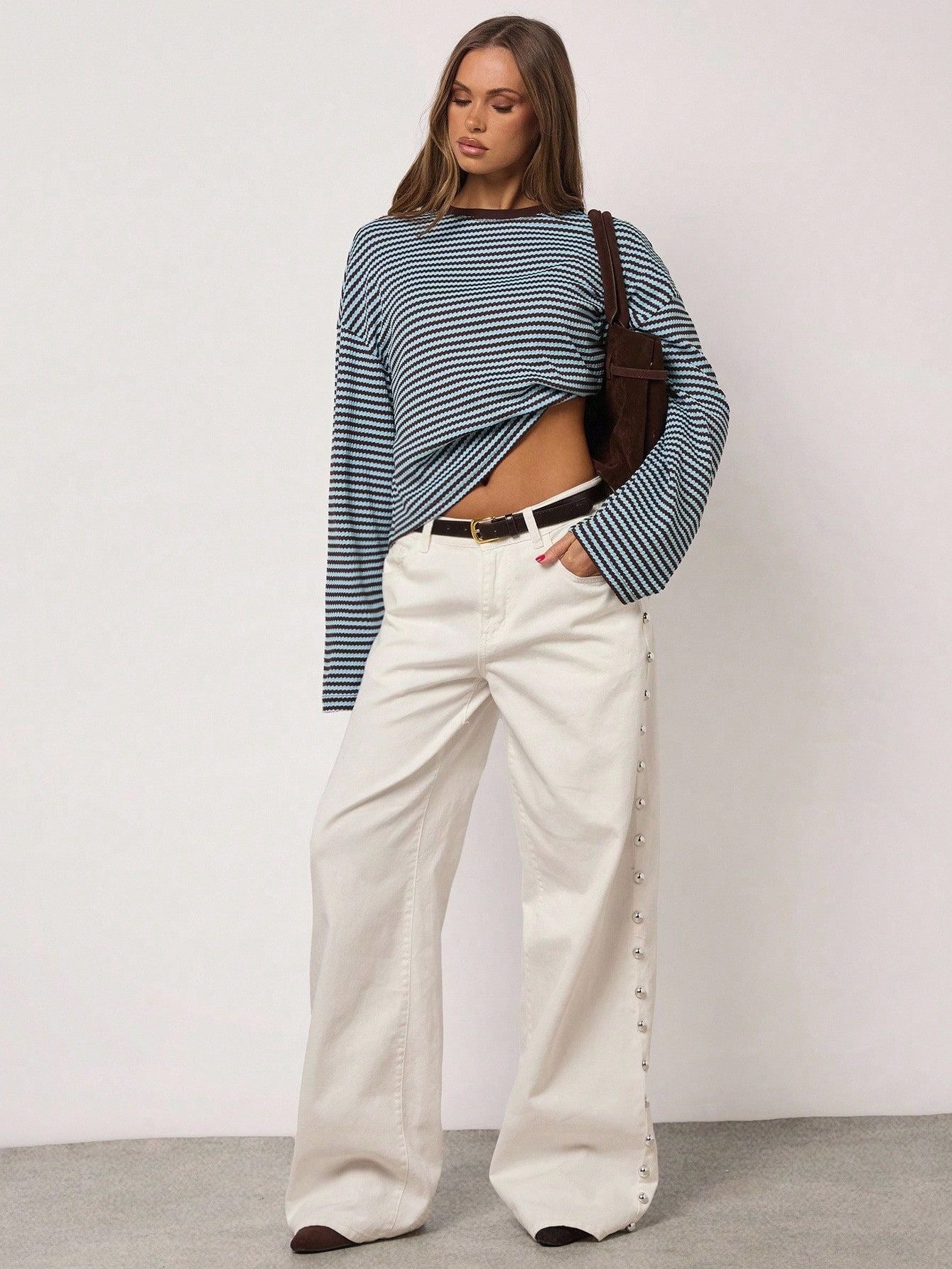 Brown Striped Long Sleeve Knit Top Oversized Casual Tee