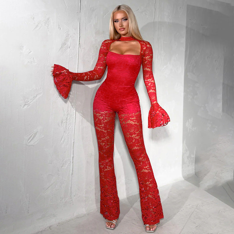 Women's Sexy Lace Bell Sleeve Cutout Jumpsuit Bodycon
