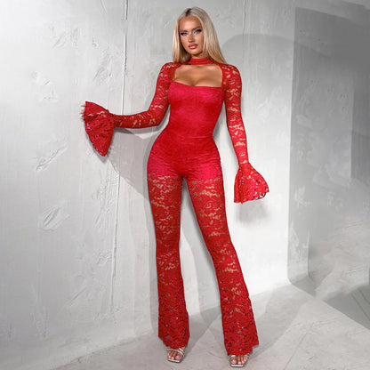 Women's Sexy Lace Bell Sleeve Cutout Jumpsuit Bodycon