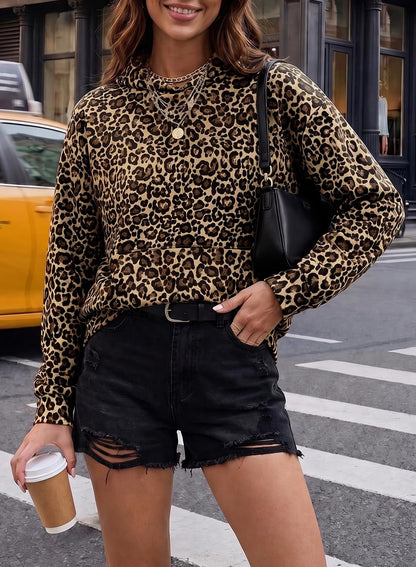 Leopard Print Hoodie Kangaroo Pocket Relaxed Fit