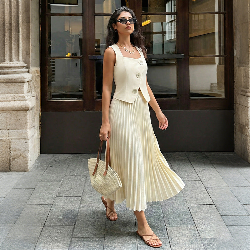Sleeveless Solid Polyester Dress Set Pleated Summer Outfit