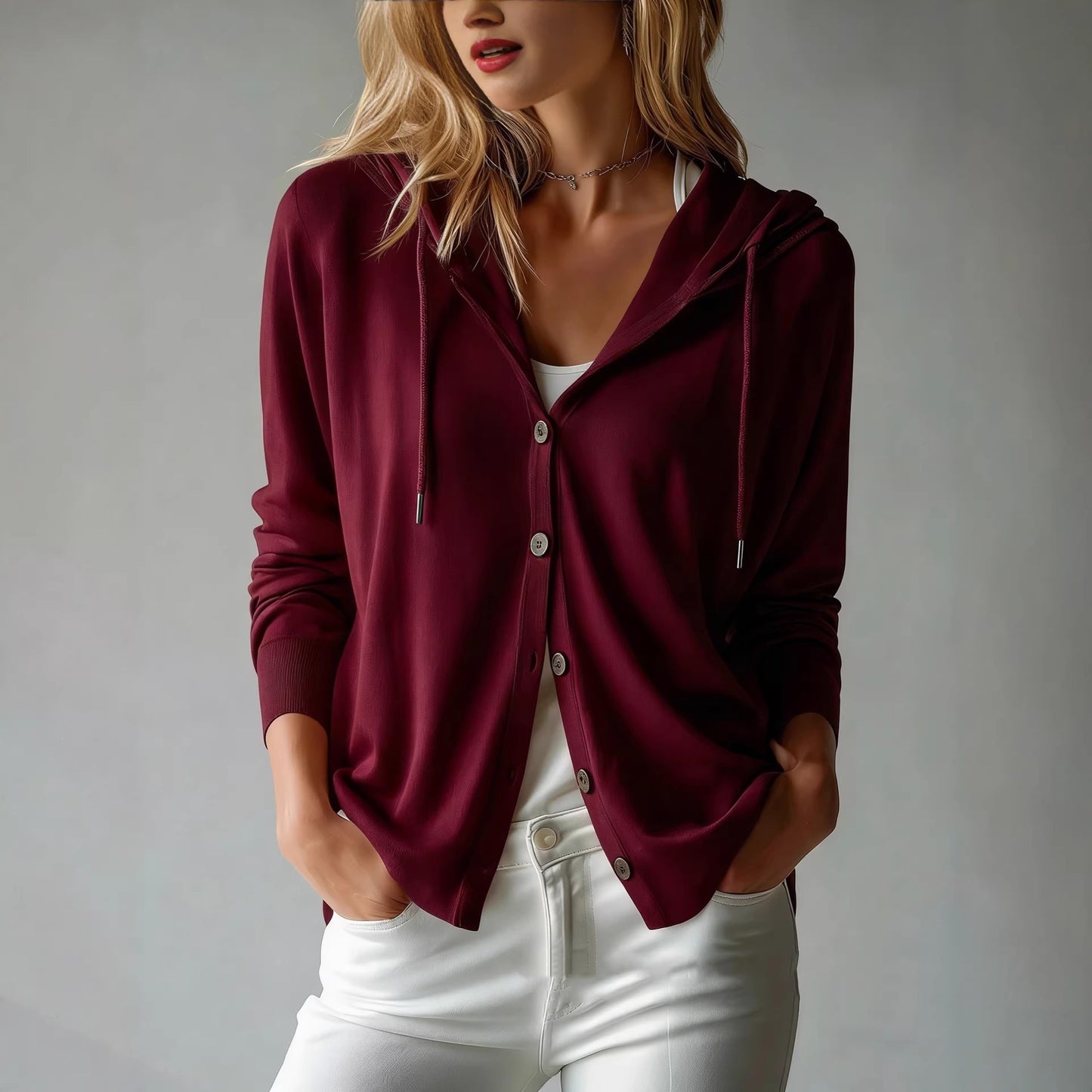 Women's Lightweight Hooded Knit Cardigan Button Front