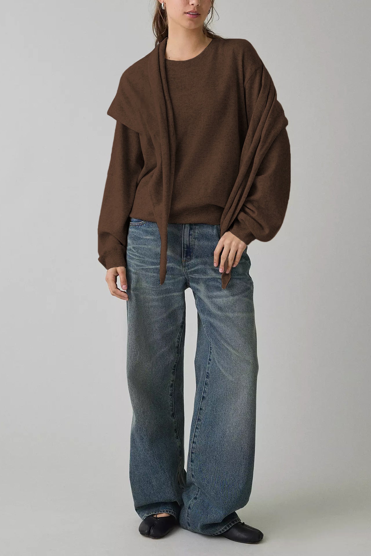 Striped Knit Sweater with Scarf Detail Crew Neck Pullover