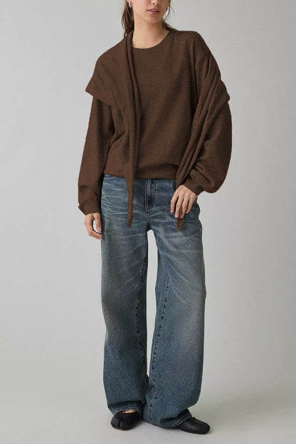 Striped Knit Sweater with Scarf Detail Crew Neck Pullover