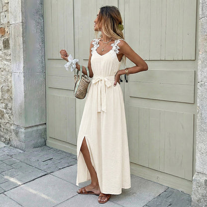 Spaghetti Strap Maxi Dress Summer Floral Tie-Waist