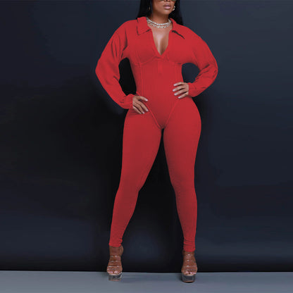Sexy Ribbed Long Sleeve Zip Up Bodycon Jumpsuit