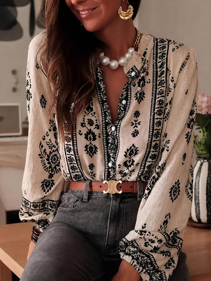 Women's Boho Vintage Printed Ruffle Long Sleeve Blouse