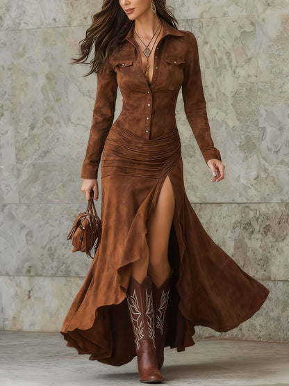Bodycon Ruffle Maxi Dress Long Sleeve Slit