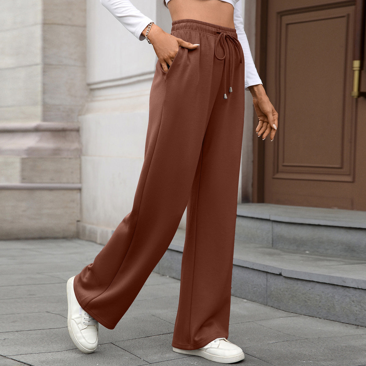 Womens Wide Leg Pants Elastic Waist Drawstring Pockets