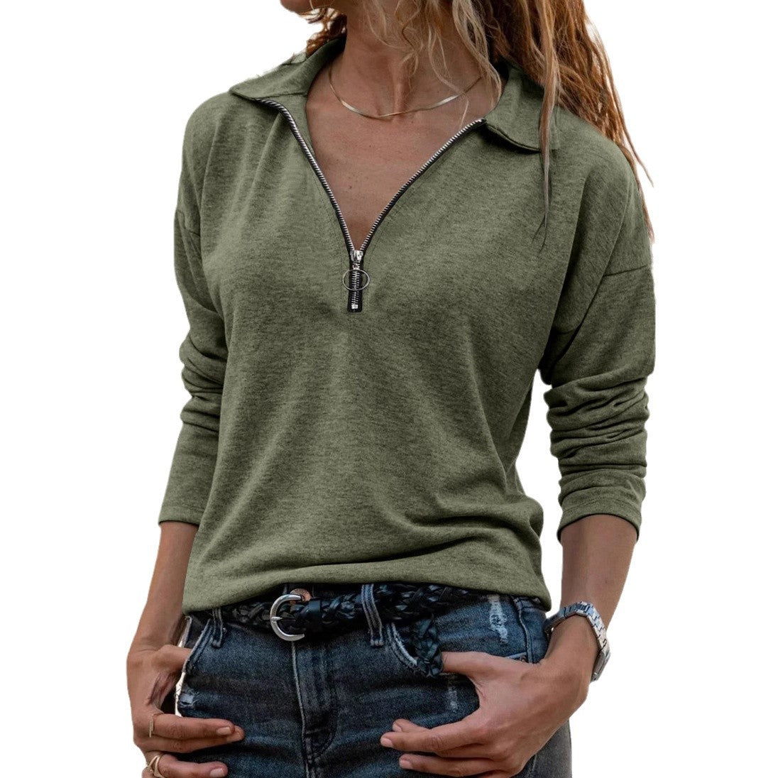 Women's Collared Zip Up Long Sleeve Knit Pullover