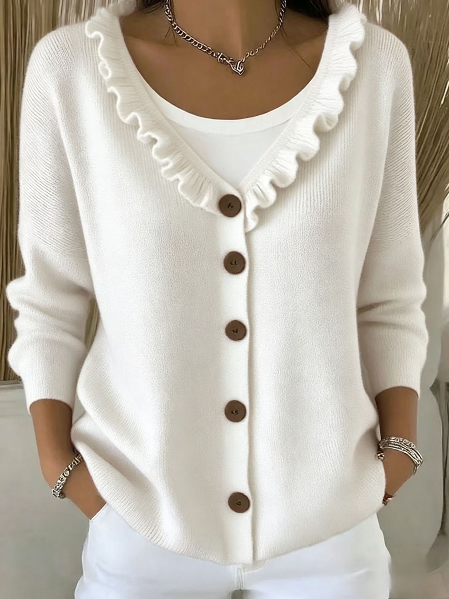 Ruffle Trim V Neck Knit Cardigan Sweater