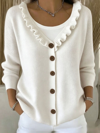 Ruffle Trim V Neck Knit Cardigan Sweater