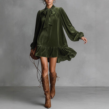 Women's Velvet Tie Neck Long Sleeve Ruffle Mini Dress