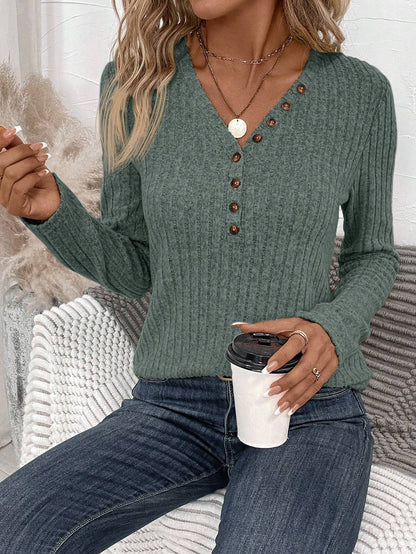 Women's Plus Size Ribbed V-Neck Button Long Sleeve Sweater