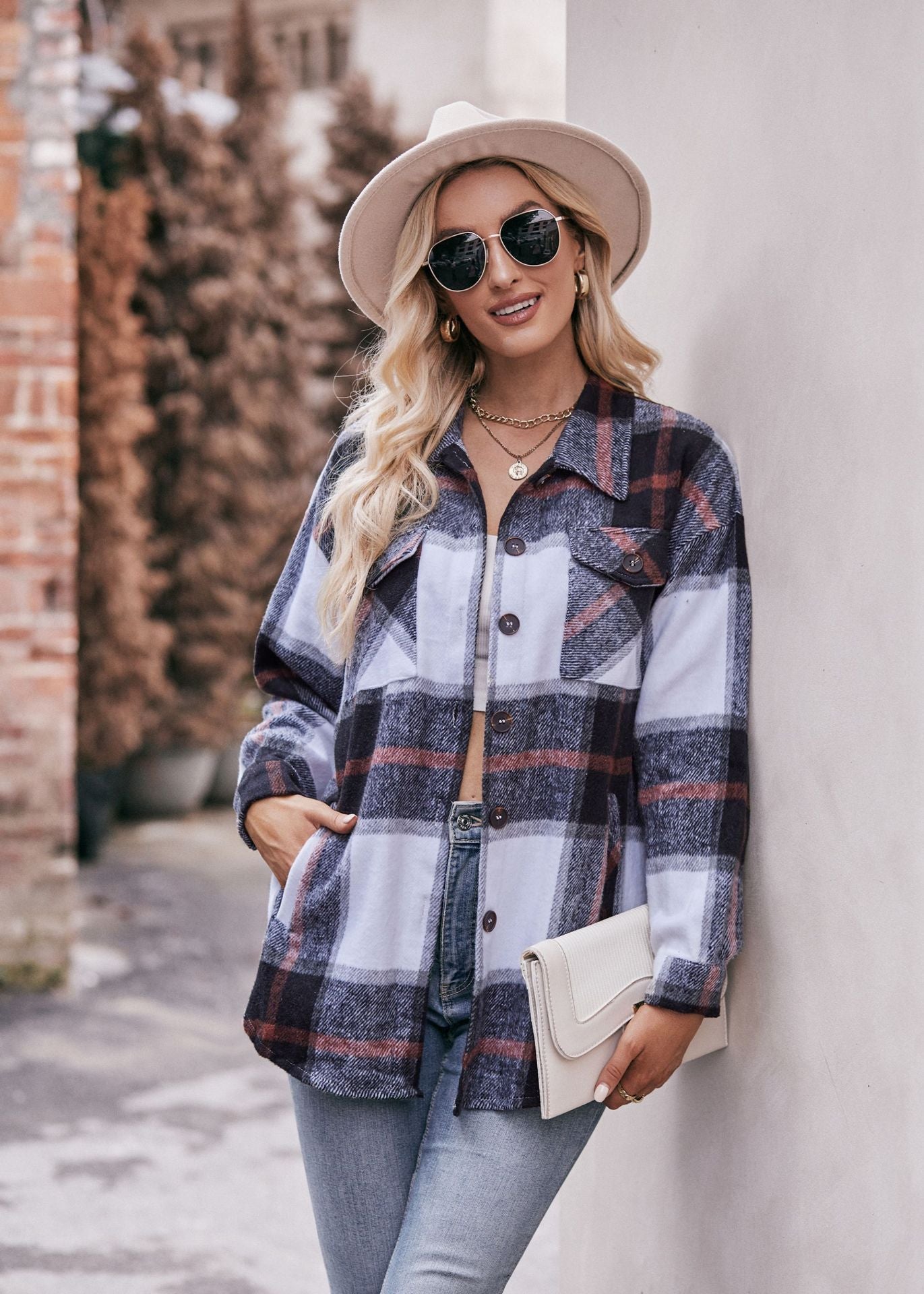 Plaid Flannel Shacket Button Front Pocket Oversized Jacket