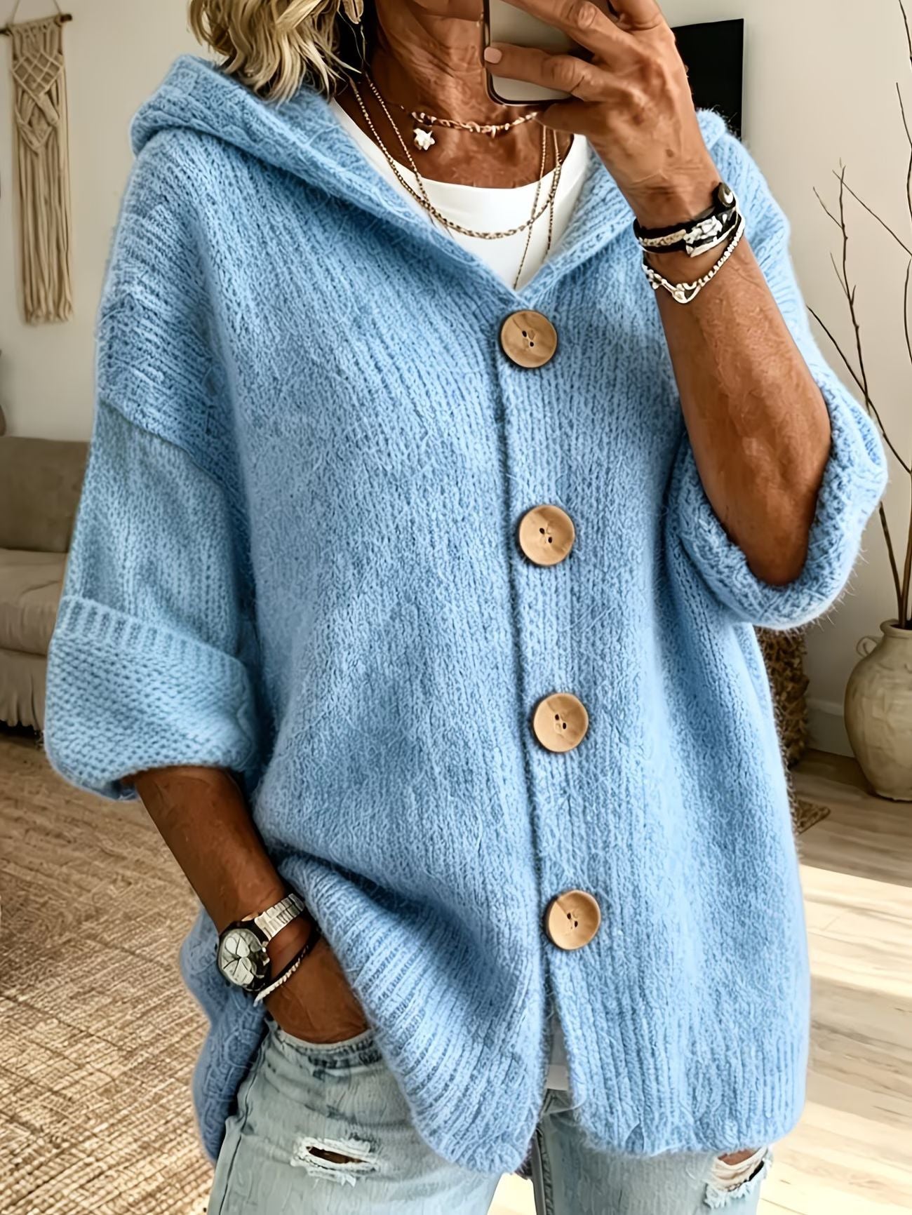 Women's Oversized Hooded Button Cardigan Sweater