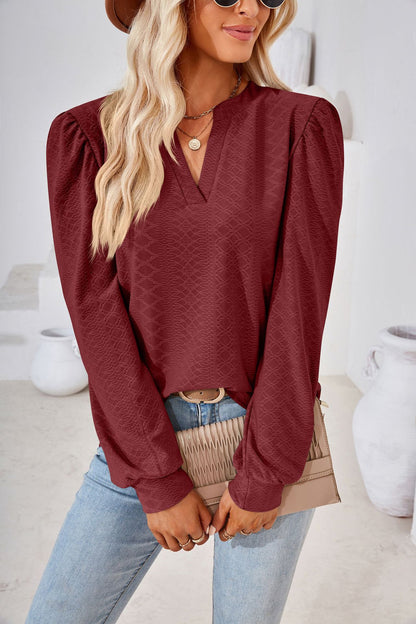 Women's V Neck Puff Sleeve Textured Tunic Top Long Sleeve