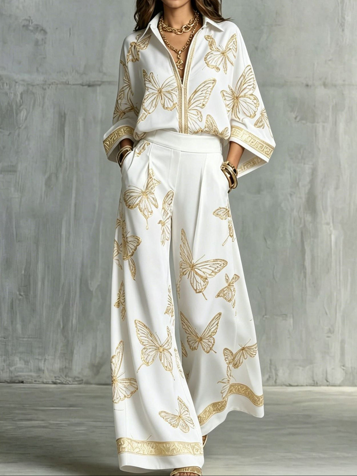 Boho Butterfly Print Two Piece Zip Up Top Wide Leg Pants