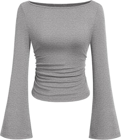 Women's Ruched Boat Neck Bell Sleeve Ribbed Top