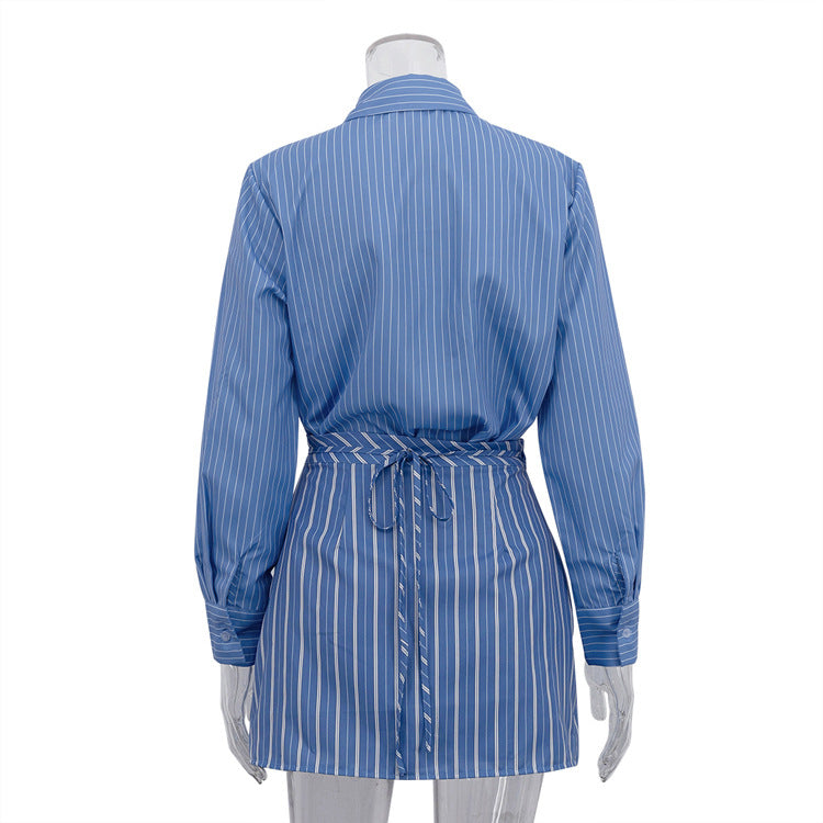 Blue Striped Button Down Shirt and Mini Skirt Set