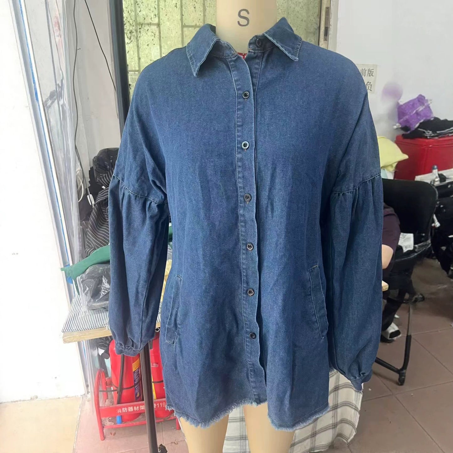 Oversized Denim Shirt Dress Bubble Sleeve Frayed Hem