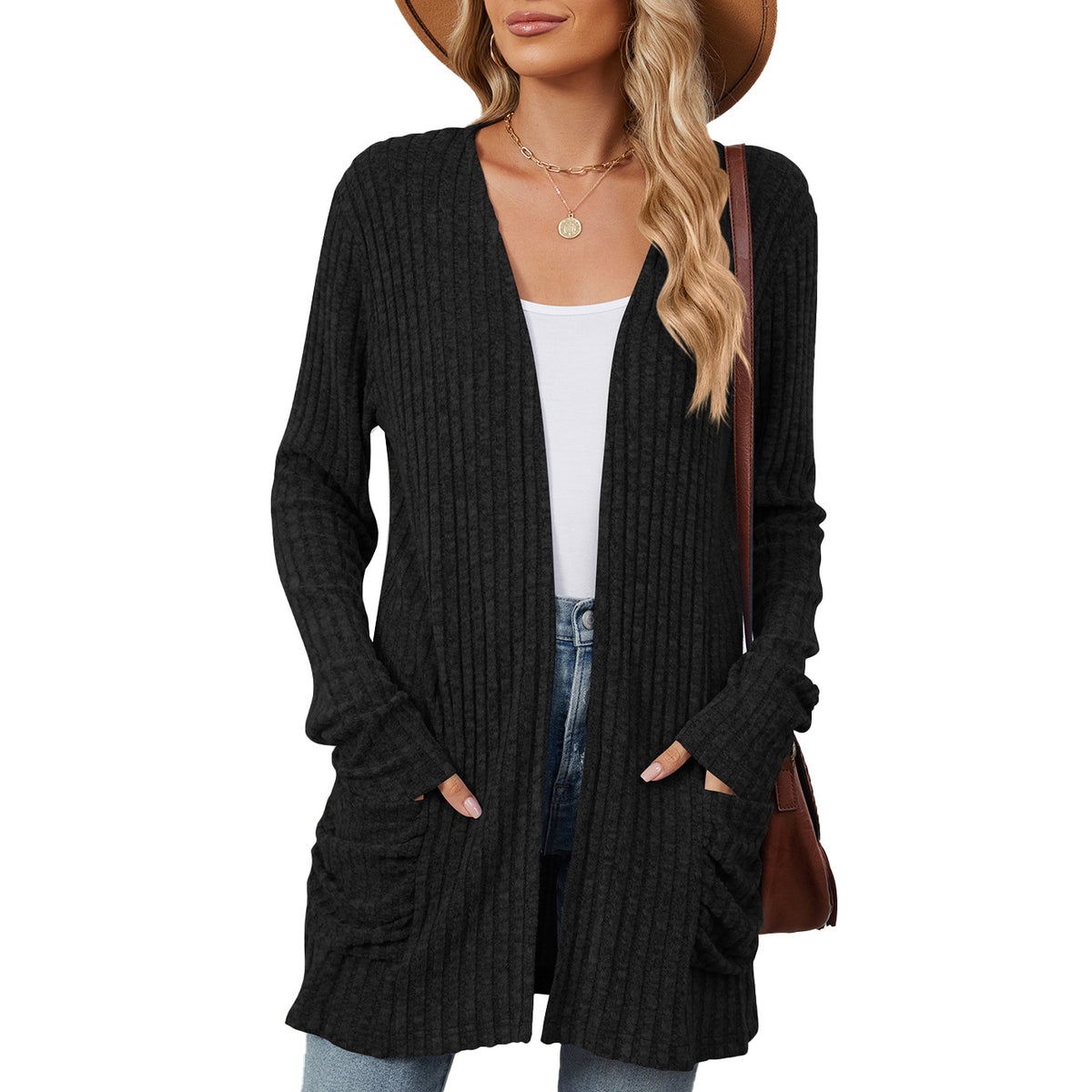 Women's Open Front Long Cardigan Sweater with Pockets