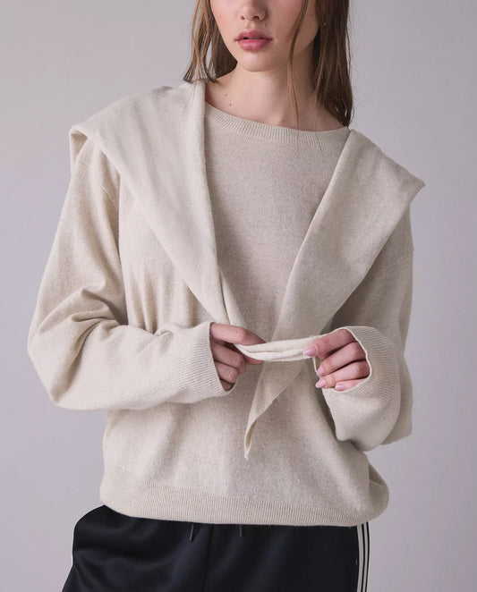 Striped Knit Sweater with Scarf Detail Crew Neck Pullover
