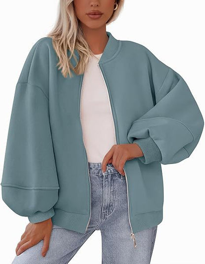 Women's Oversized Zip Up Bomber Jacket Lantern Sleeve