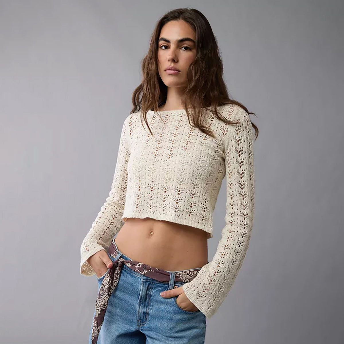 Women's Crochet Sheer Crop Top Long Sleeve Knit Sweater