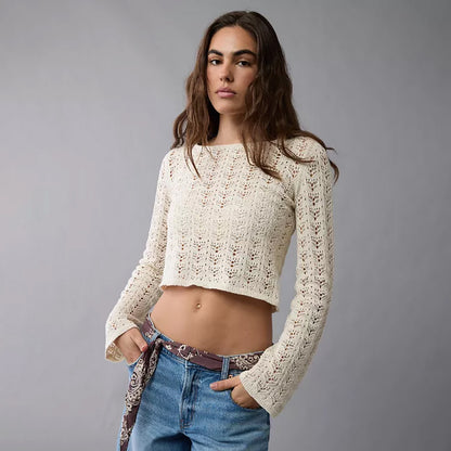 Women's Crochet Sheer Crop Top Long Sleeve Knit Sweater
