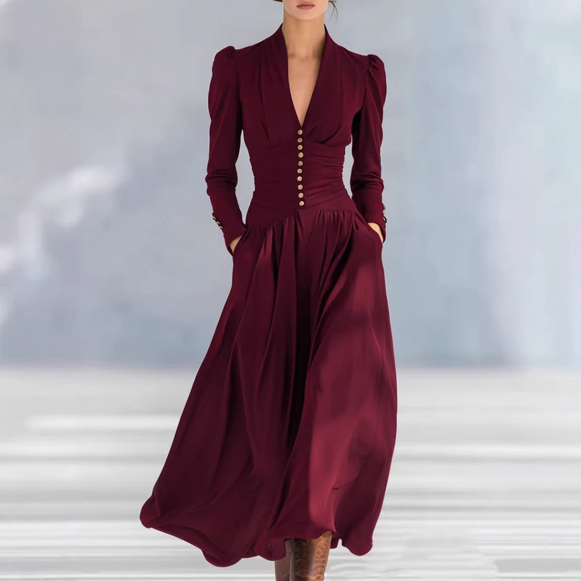 Elegant Satin V-Neck Puff Sleeve Ruched Formal Maxi Dress