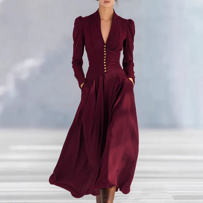 Elegant Satin V-Neck Puff Sleeve Ruched Formal Maxi Dress